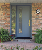 Contemporary Fiberglass door with custom colour acid frost glass in sidelite and multipoint lockr
